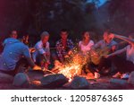 a group of happy young friends relaxing and enjoying  summer evening around campfire on the river bank