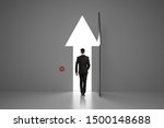 Small photo of Personal growth concept with businessman walking through arrow door to make right decision.