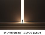 Small photo of Back view of backlit businesswoman walking on stairs towards bright opening in dark wall. Success, way out, exit and solution concept
