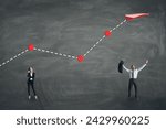 Small photo of A professional man and woman follow a growth trajectory represented by a paper plane in a conceptual image