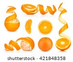 Collection of orange, slice and orange peeled skin isolated white background