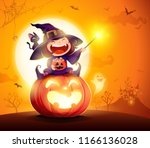 halloween little witch. girl... | Shutterstock .eps vector #1166136028