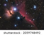The Horsehead Nebula in Orion. The Flame Nebula NGC 2024, the deep red nebula strip IC 434 with the Horsehead Nebula. Photographed with an 80mm refracting telescope.