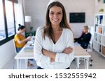 Portrait of pretty young businesswoman looking at camera. In the background, her colleagues working in the office.