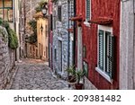 Croatia - Rovinj on Istria peninsula. Old town cobbled street.