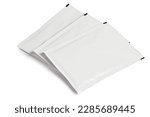 Small photo of Blank packaging foil sachet isolated on white background with clipping path without shadow Foil Pouch Packaging Medicine Drugs Or Coffee, Salt, Sugar, Sachet, Sweets Or Condom.