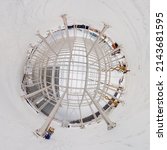 Small photo of Spherical 180 by 180 degree panorama of winter construction site in cloudy weather. Hyperbolic projection.