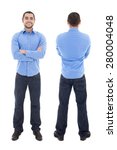 front and back view of arabic business man in blue shirt isolated on white background