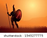 Vector illustration of ancient warrior with his shield and spear standing gallantly on grass field