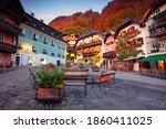 Hallstatt, Austria. Cityscape image of famous alpine village Hallstatt at autumn sunrise.