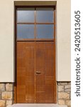 Small photo of Double Wooden Doors With Large Transom Window House Entrance