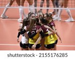 Small photo of ISTANBUL, TURKEY - DECEMBER 21, 2021: VK Dukla Liberec players celebrating score point during Turkish Airlines vs VK Dukla Liberec CEV Champions League Volley Match in Burhan Felek Sport Hall