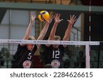 Small photo of ISTANBUL, TURKIYE - AUGUST 10, 2022: Joachim Hesselholt and Kalle Kjerstein Madsen in action during Turkiye Mens vs Denmark Mens European Championship Qualification match in Burhan Felek Sport Hall