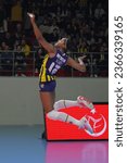 Small photo of ISTANBUL, TURKIYE - MARCH 11, 2023: Ana Cristina Souza serves during Fenerbahce Opet vs Galatasaray HDI Sigorta Turkish Sultans League match in Burhan Felek Sport Hall