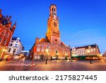 Small photo of Bruges, Belgium. Blue hour landscape with famous Belfry tower and medieval buildings in Grote Markt, Flanders.