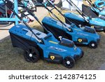Small photo of Kaunas, Lithuania - March 31, 2022: Dedra electric lawn mowers at International Agricultural Exhibition in Kaunas, Lithuania.
