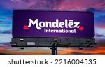 Small photo of POZNAN, POL - JUN 23, 2022: Advertisement billboard displaying logo of Mondelez International, a confectionery, food, holding and beverage and snack food company based in Chicago, Illinois, USA