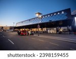 Small photo of Belgrade, Serbia - August 11, 2023: Passengers arrive at the departure terminal. New building on International Airport Nikola Tesla in Belgrade, Serbia, sunset, departures gate