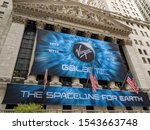 Small photo of New York City, October 28, 2019: Banner on the New York Stock Exchange Building celebrating the IPO of Virgin Galactic spaceflight company in Lower Manhattan.