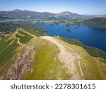 Aerial view of a beautiful mountain ridge in the English Lake District in summer (Catbells towards Keswick).