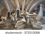 Small photo of GRUYERES, SWITZERLAND - JANUARY 16, 2016: interior of HR Giger cafe in Gruyeres, themed along the lines of his biomechanical style as shown in the Alien films