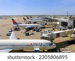 Small photo of ATLANTA, GEORGIA - April 20, 2023: Delta Air Lines, headquartered in Atlanta, operates over 5,000 flights daily in 54 countries. The company began in Macon, Georgia in 1924 as a crop duster.