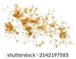 Raw sugar scattered over white.  Isolated, top view.