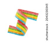 Small photo of Rainbow sour jelly candy strip in sugar sprinkles isolated over white background. Top view