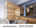 Small wooden sauna in a luxury hotel apartment