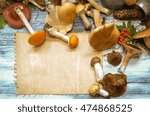 Small photo of Fall harvest forest mushrooms on a rustic wooden background, natural autumn style decorations. Background space for text. Natural plenteous border background vintage mock up.