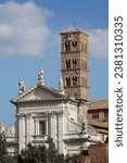 Small photo of Rome, Italy - October 11, 2019 - Church of Santa Francesca Romana and Tower Bell in Roman forum