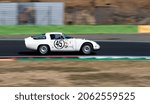 Small photo of Italy, september 11 2021. Vallelunga classic. Historical Alfa Romeo Giulia TZ 60s race car on racetrack blurred motion background