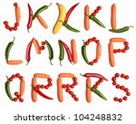 J-K-L-M-N-O-P-Q-R-S alphabet letters made with fresh vegetables on the white background (isolated on white).  Make your own words in vegetables (tomato, pepper, carrot). Every letter X large size