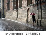 Woman With Red Umbrella Walking ...
