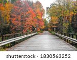 Small wooden bridge on Peshekee river in Van Riper state park in Michigan upper peninsula surrounded with fall foliage