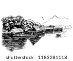 sketch of village on water in...