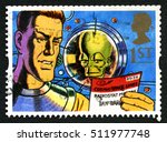 Small photo of GREAT BRITAIN - CIRCA 1994: A used postage stamp from the UK, depicting an illustration of comic book hero Dan Dare and his archenemy the Mekon, circa 1994.