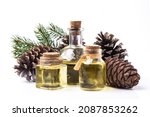 natural cosmetics, natural eco product,  glass bottles with cedar oil, cedar essential oil. Copy space