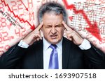 Stock market crash. Stressed investor keeping eyes closed and feeling depressed while standing against background with financial charts and numbers. Coronavirus crisis. COVID-19 concept. Web banner