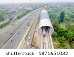 Small photo of JAKARTA - Indonesia. December 02, 2020: Top view of new LRT train moving on the elevated track during trial period