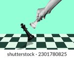 Small photo of Check mate. hand of businessman moving chess figure Trendy 3d collage in magazine style. Contemporary art. Modern design