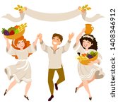 happy people carrying crops on... | Shutterstock . vector #1408346912