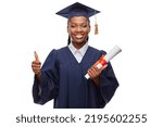 Small photo of education, graduation and people concept - happy graduate student woman in mortarboard and bachelor gown with diploma showing thumbs up over white background
