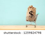 Small photo of shopping cart with bag full of money with dollar sign over blue wooden background