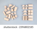 Small photo of Many different geometric wooden toys in confused positions on the left, rearranged into the same types on the right, category, classification concept