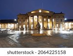 Small photo of HUDDERSFIELD, UK - OCTOBER 26, 2021: The water fountains in front of the Huddersfield train station in the early morning, Kirklees, West Yorkshire