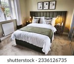 Small photo of Grimsargh, UK - July 22, 2023: Bedroom. Showhouse for Jusa Homes, near Preston