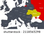 Ukraine vs Russia on Europe map. Russian-Ukrainian border on political map with Belarus, Poland, Moldova, Germany and other countries. Outline map with Kaliningrad, Crimea and Black Sea.
