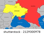 Russia vs Ukraine on Europe outline map. Ukrainian territory with Donbass region near Russian border on political map. Belarus, Poland and other countries. Russia-Ukraine crisis, war and conflict.