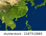 Small photo of East Asia map in satellite photo, China and Taiwan in center. Physical detailed map of Eurasia southeast, topography of China. Green terrain, blue seas and ocean. Elements of image furnished by NASA.